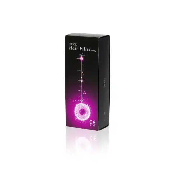 A rectangular black box featuring "DR. CYJ HAIR FILLER 2x1ml" in white text. The box has a glowing pink circular graphic with the words "Hair Filler" and measurement lines. There are also certification icons and a CE mark visible at the bottom.