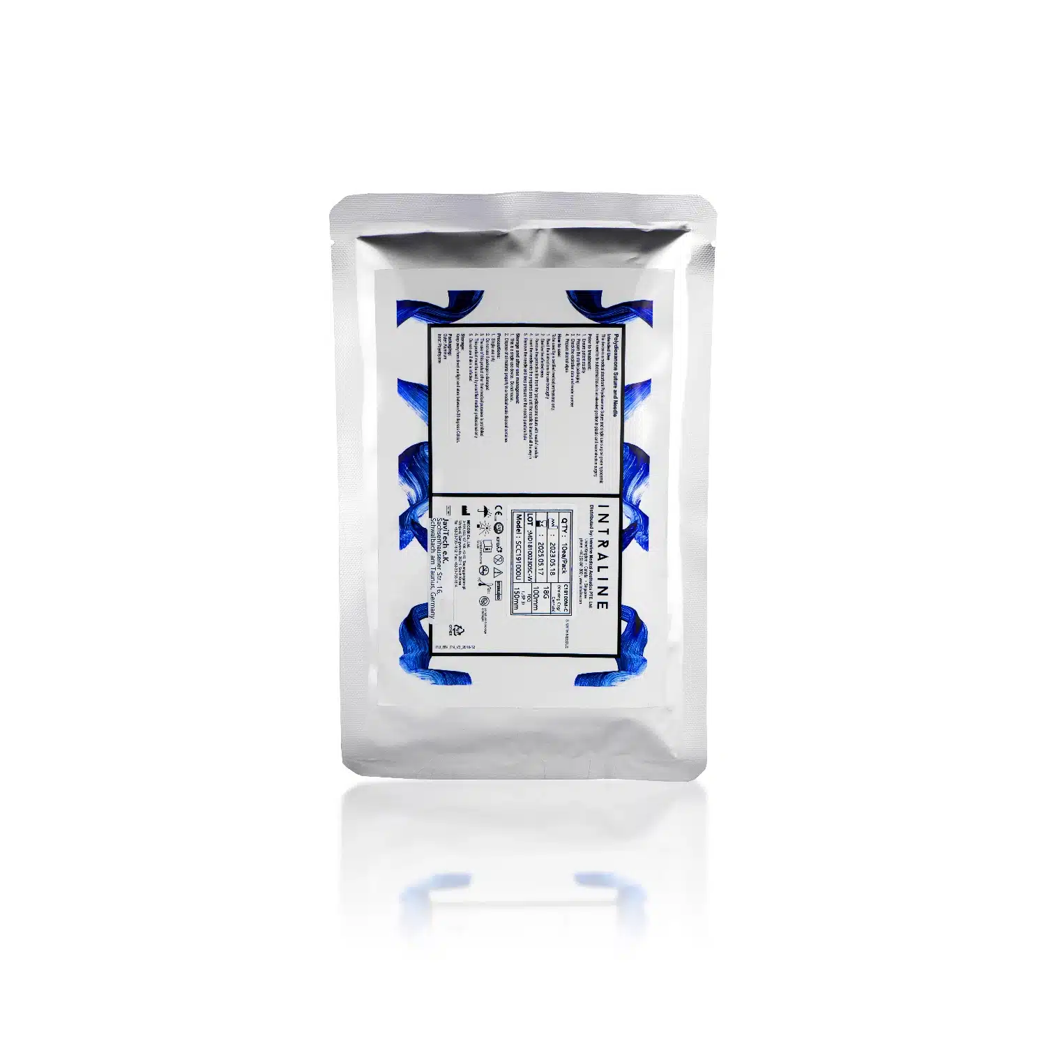 A silver foil packet of INTRALINE® COG C18100M-C Dimension 720 18G 100mm. The front of the packet