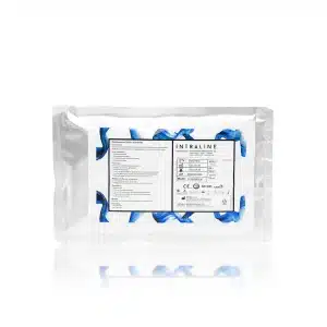 A white, transparent plastic packaging labeled "INTRALINE® MONO 29G 38 50 6-0" lies on a reflective surface. The packaging displays product information, usage instructions, and technical specifications in various languages on the front side, accented with blue graphic designs.
