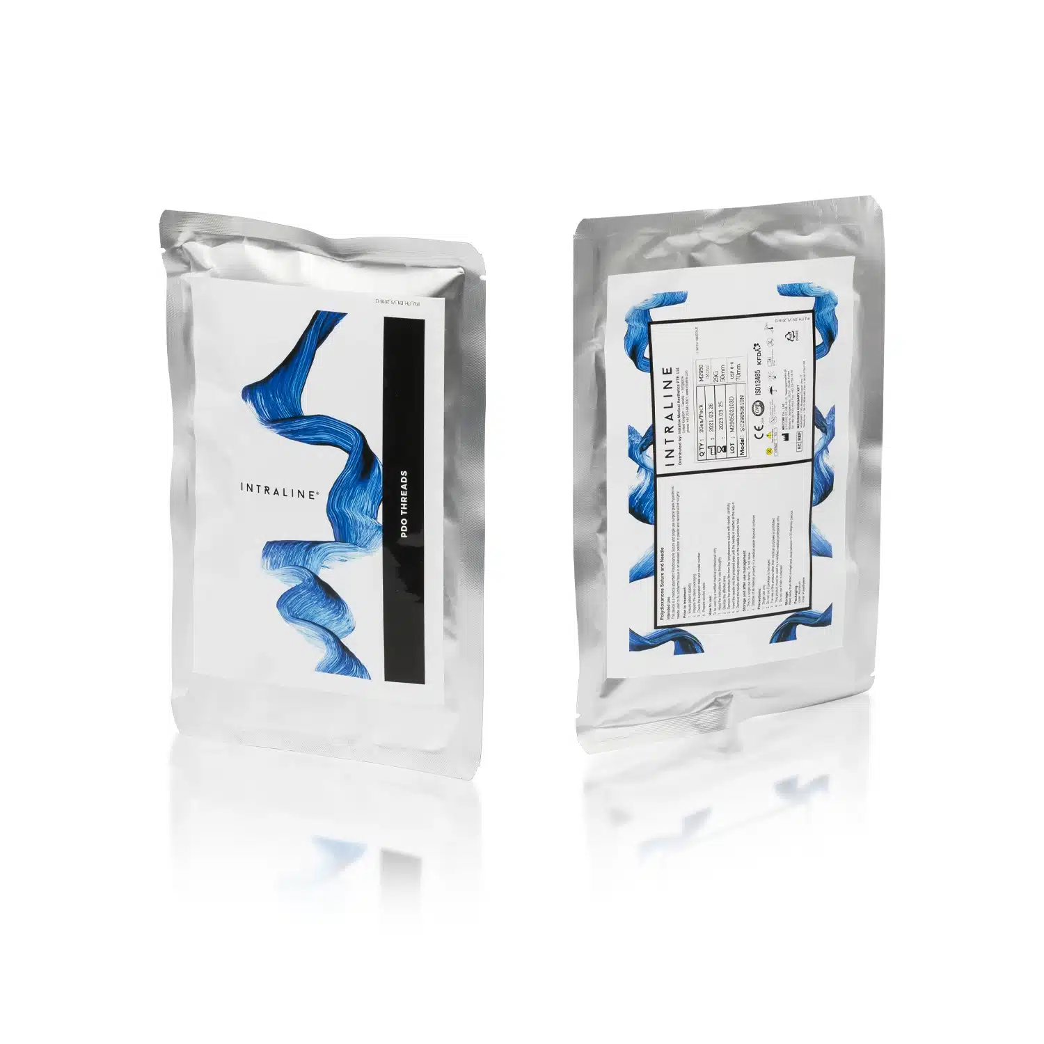 Two silver foil pouches are shown. The front pouch displays abstract blue waves with the text
