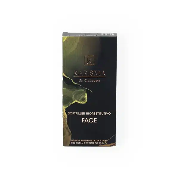 A box of KARISMA RH COLLAGEN SOFTFILLER BIORESTITUTIVO FACE pre-filled syringe 2ml. The box features a dark design with the brand and product name in gold lettering.