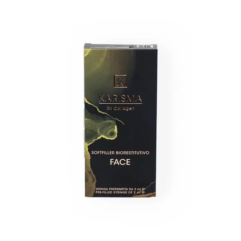A box of KARISMA RH COLLAGEN SOFTFILLER BIORESTITUTIVO FACE pre-filled syringe 2ml. The box features a dark design with the brand and product name in gold lettering.