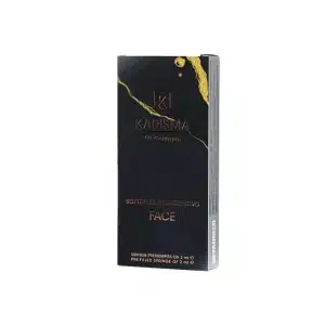 A sleek, black rectangular box with gold accents labeled "KARISMA RH COLLAGEN SOFTFILLER BIORESTITUTIVO FACE." The text "KARISMA RH COLLAGEN SOFTFILLER BIORESTITUTIVO FACE" is displayed in the middle, along with additional details about the product and its contents, which include a pre-filled syringe of 2 ml.
