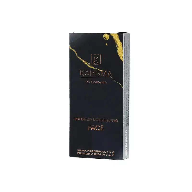 A sleek, black rectangular box with gold accents labeled "KARISMA RH COLLAGEN SOFTFILLER