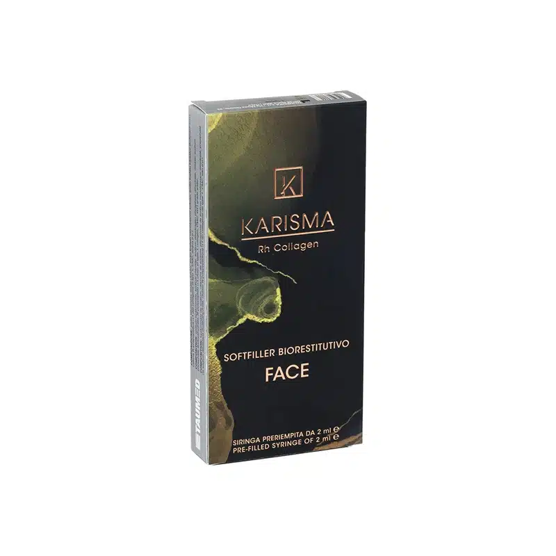 A rectangular black and dark green box marked "KARISMA RH COLLAGEN SOFTFILLER BIORESTITUTIVO FACE"