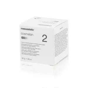 A white box of MESOESTETIC® COSMELAN® 2, labeled as a cream for reducing or eliminating melanic spots. The box contains 30g (1.06 oz.) of product. The text is displayed in multiple languages, and the minimalistic design features the product name prominently.