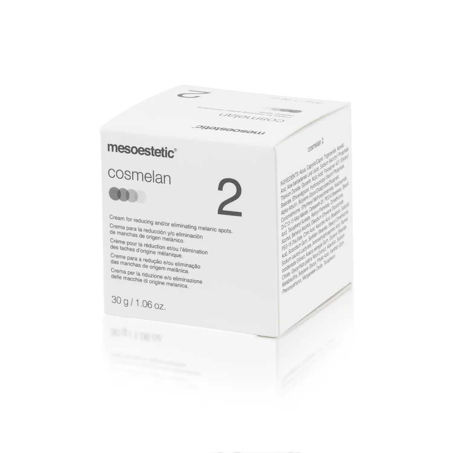 A white box of MESOESTETIC® COSMELAN® 2, labeled as a cream for reducing or eliminating melanic