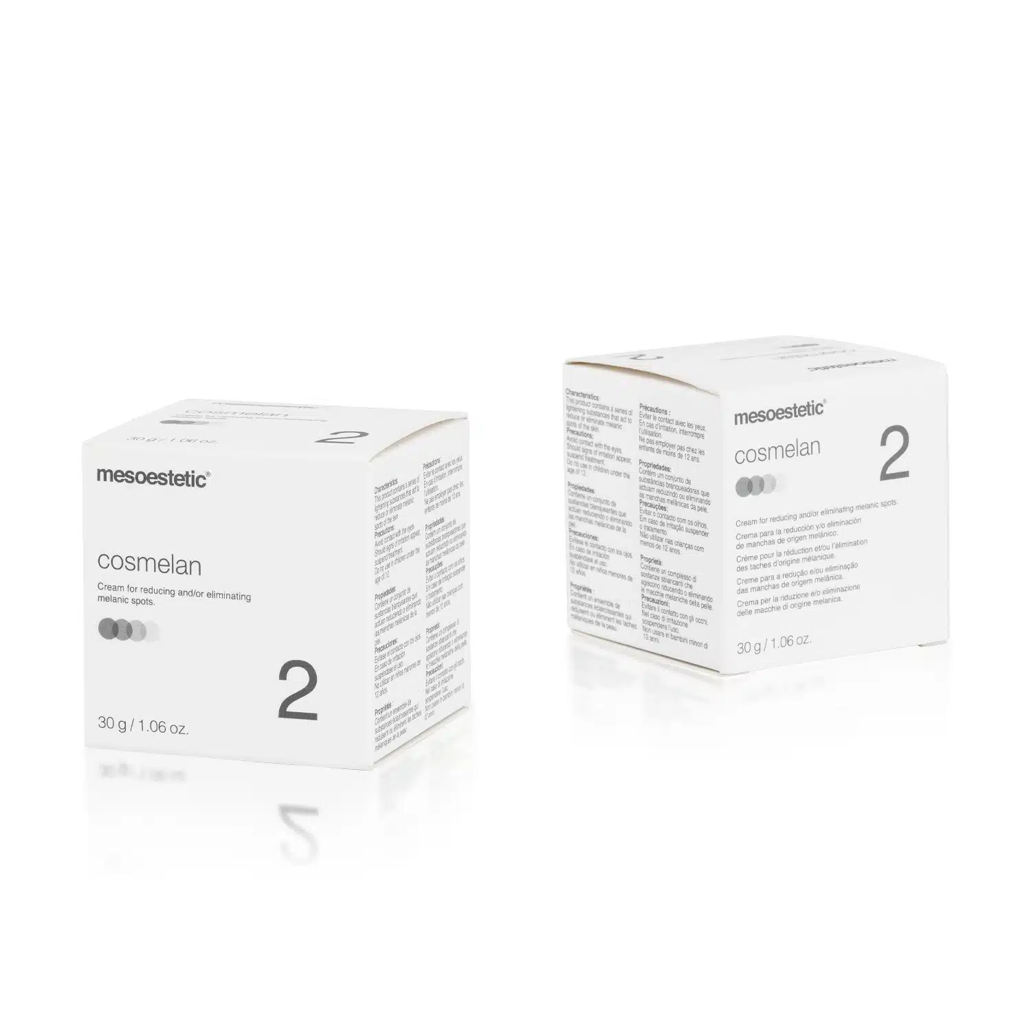 Two white boxes of MESOESTETIC® COSMELAN® 2 are displayed on a white background. Text and product