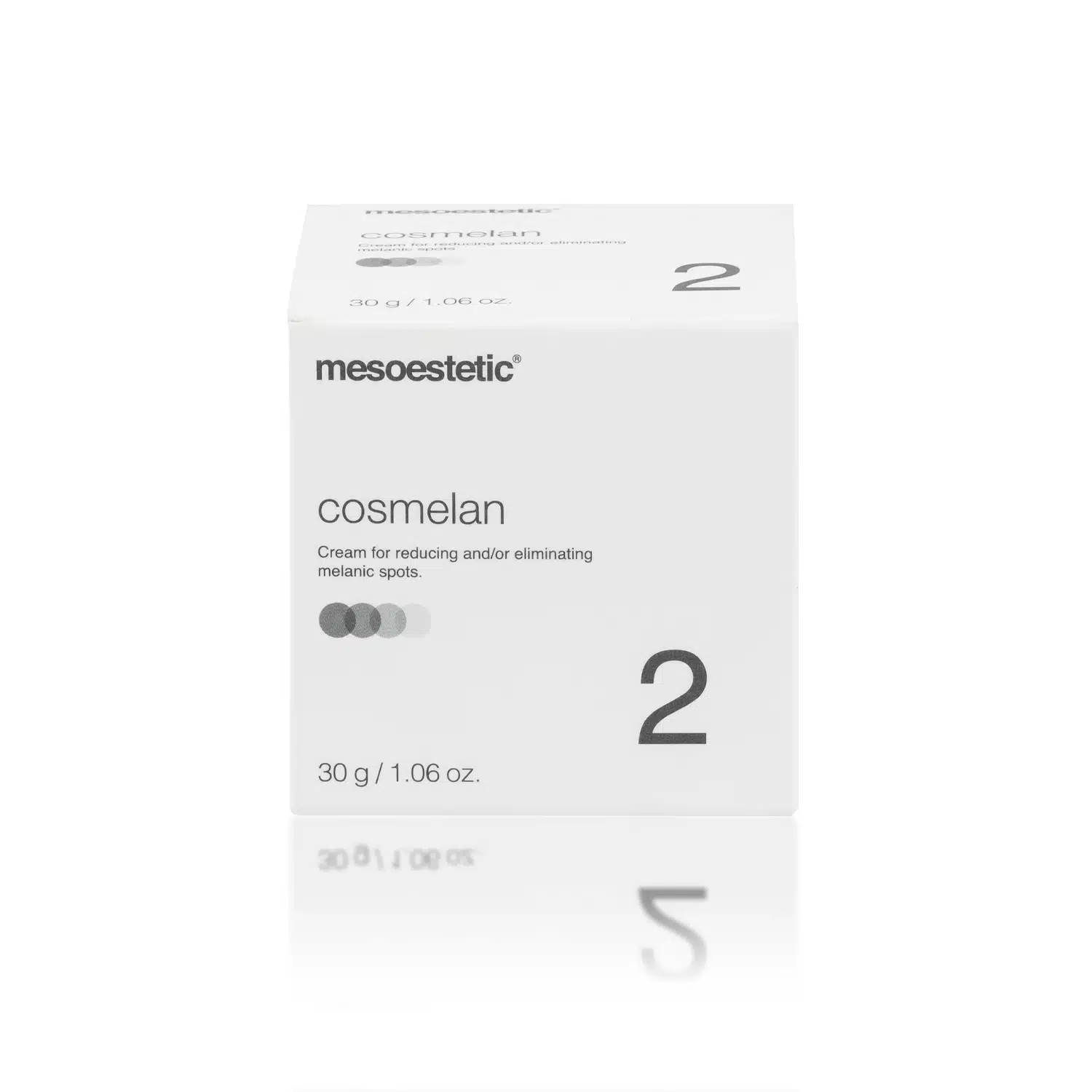 A white box labeled "MESOESTETIC® COSMELAN® 2," which is a cream for reducing and/or eliminating melanic spots. It states the weight as 30g / 1.06 oz. The packaging is minimalistic with grey and black text.