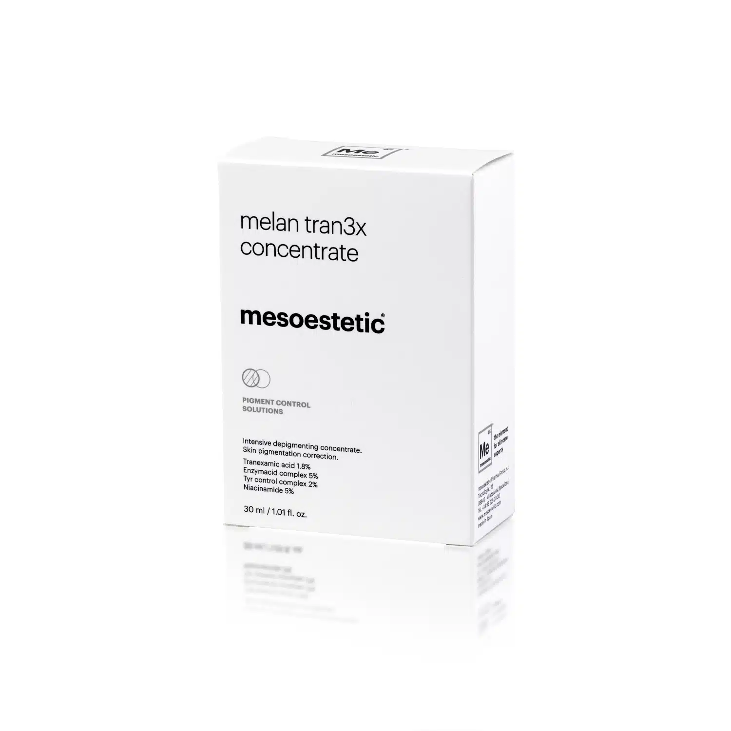 A white box standing upright labeled "MESOESTETIC® MELAN TRAN3X CONCENTRATE" from the brand