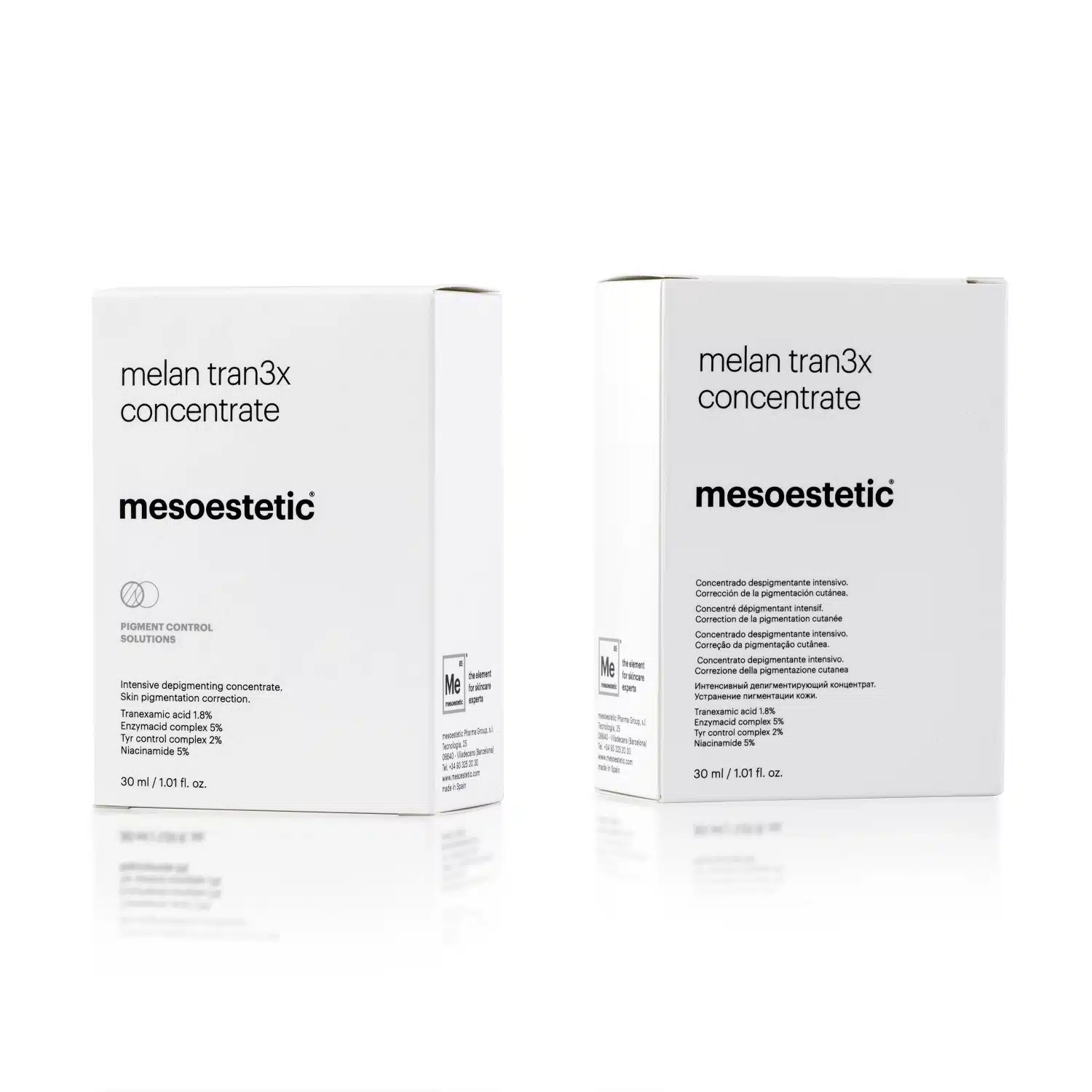 Two white boxes of MESOESTETIC® MELAN TRAN3X CONCENTRATE, a pigment control skincare product, are