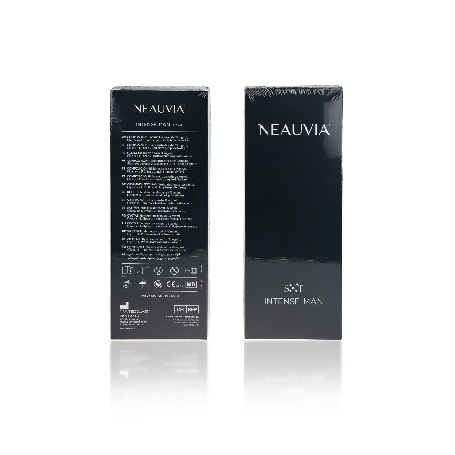 The image shows two black rectangular boxes of NEAUVIA™ ORGANIC INTENSE MAN. The front of one box