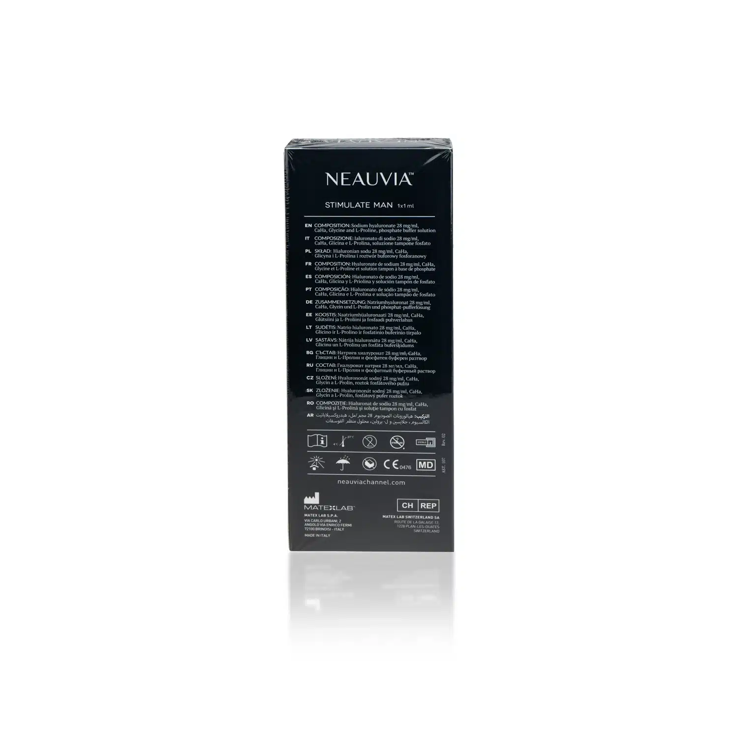A black rectangular box labeled "NEAUVIA™ ORGANIC STIMULATE MAN" with white text detailing