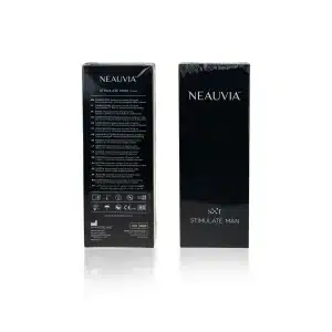 Two sleek black boxes of "NEAUVIA™ ORGANIC STIMULATE MAN" dermal filler stand side by side. One box shows the front label with the brand name and product name, while the other displays the back with detailed product information and icons in white text.