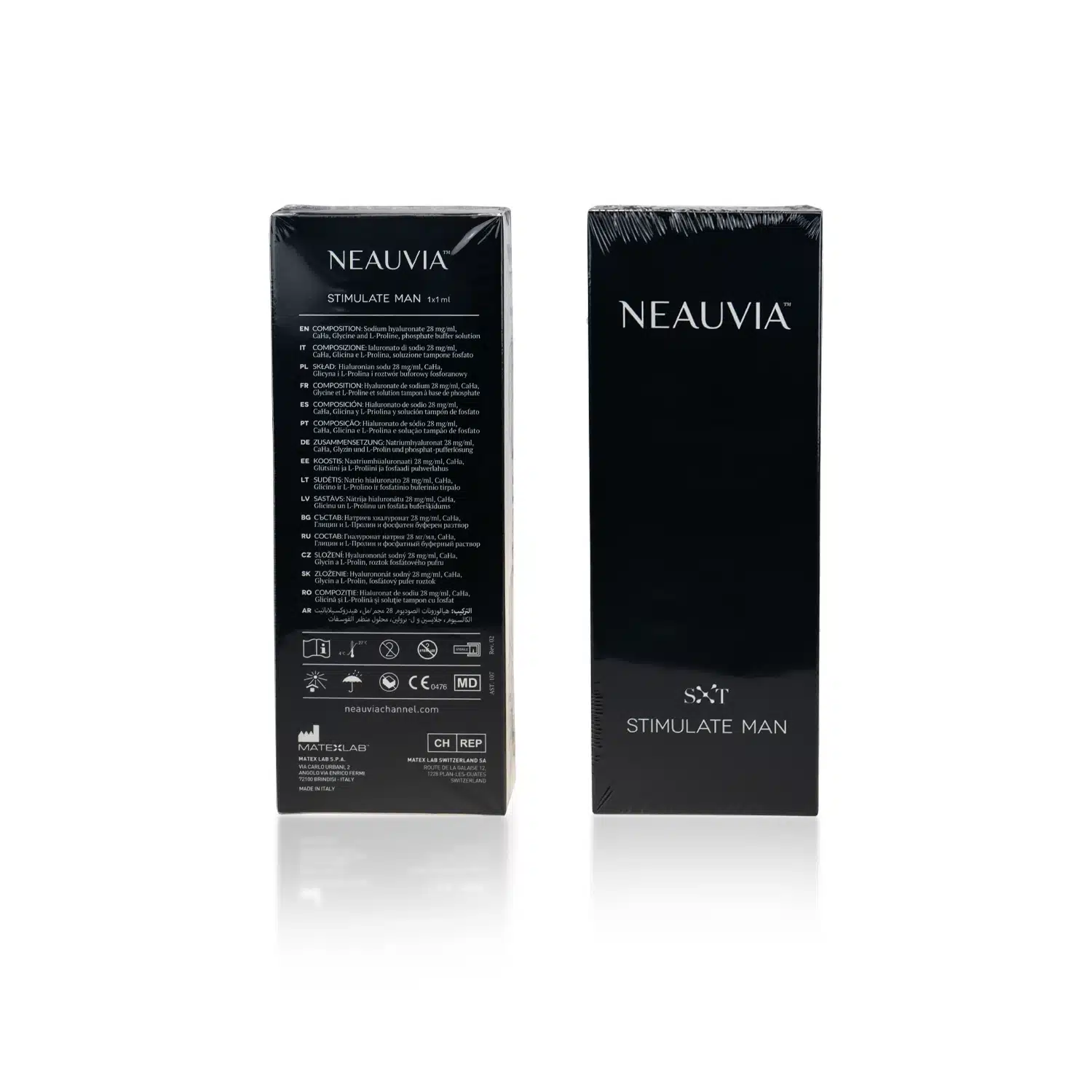 Two sleek black boxes of "NEAUVIA™ ORGANIC STIMULATE MAN" dermal filler stand side by side. One box