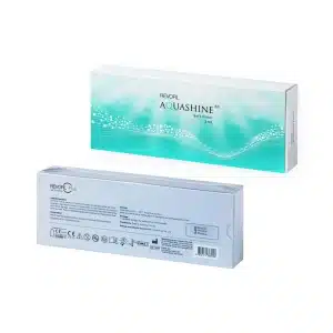 Image of two boxes of REVOFIL AQUASHINE SOFT FILLER - 2 Pre-Filled Syringes. The front box displays the product name with a light blue and white design, while the back box, shown upside down, lists details and instructions with icons and text in various languages.