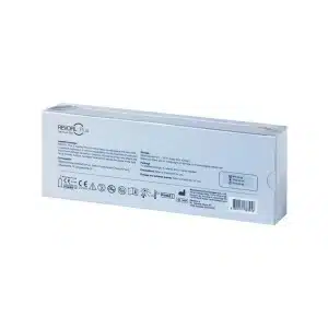 A white box with text and icons on the back. It appears to be packaging for REVOFIL AQUASHINE SOFT FILLER - 2 Pre-Filled Syringes. The text includes instructions and specifications, while the icons provide various certifications and usage guidelines.