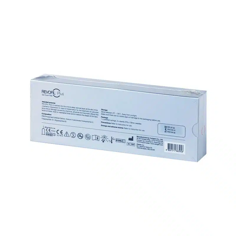 A white box with text and icons on the back. It appears to be packaging for REVOFIL AQUASHINE SOFT