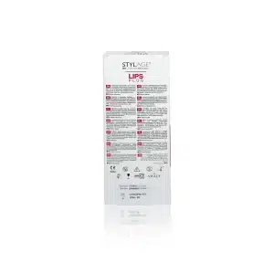 A white product box of STYLAGE® LIPS PLUS BI-SOFT® with Lidocaine, showing a list of details in fine print on the back. The text includes usage instructions and specifications, with red and black accents. The branding and regulatory symbols are visible at the bottom.