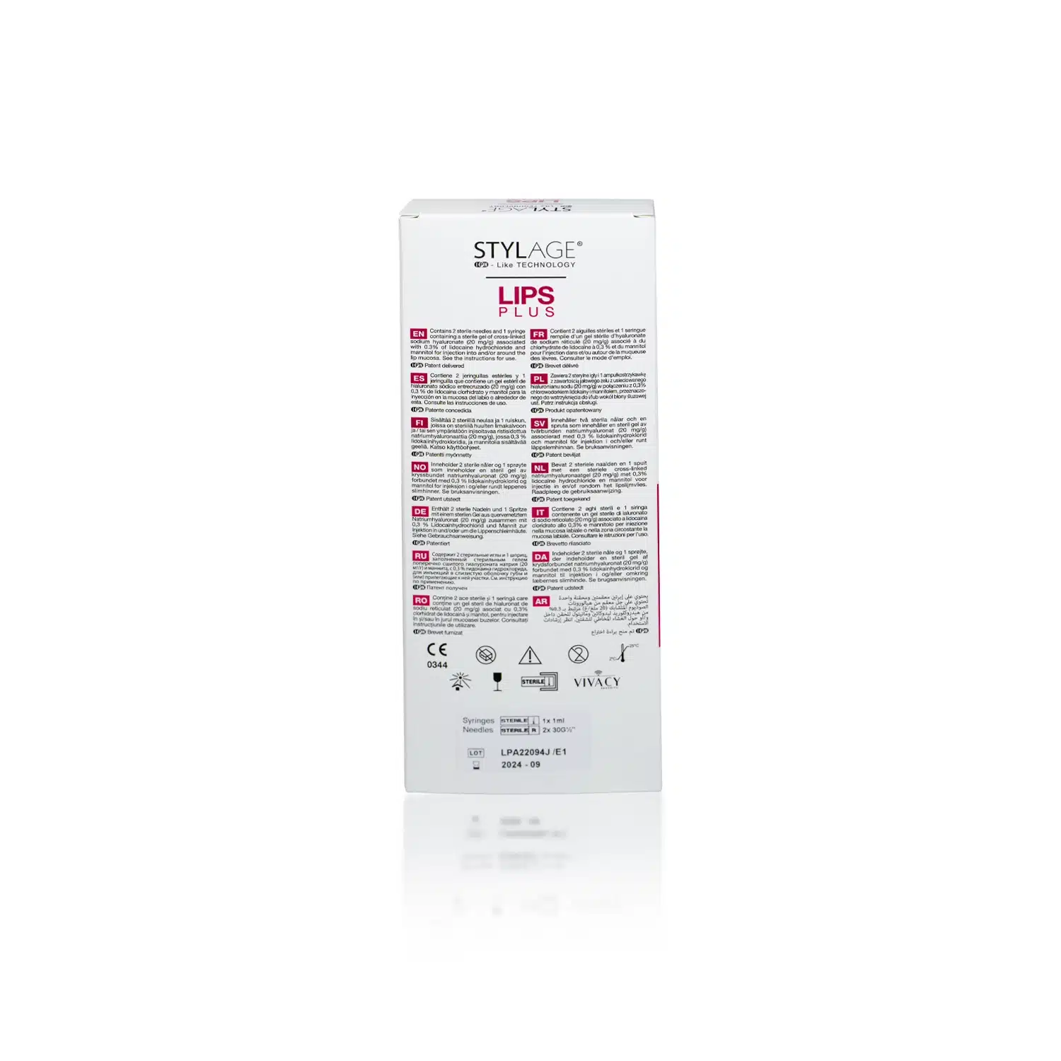 A white product box of STYLAGE® LIPS PLUS BI-SOFT® with Lidocaine, showing a list of details in