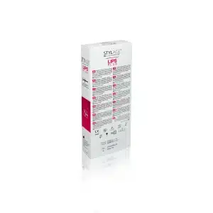 A box with the label "STYLAGE® LIPS PLUS BI-SOFT® with Lidocaine" on a white background. The box features product information in multiple languages, safety symbols, and a bold pink and white color scheme. The left side of the packaging includes a pink vertical stripe with additional text.