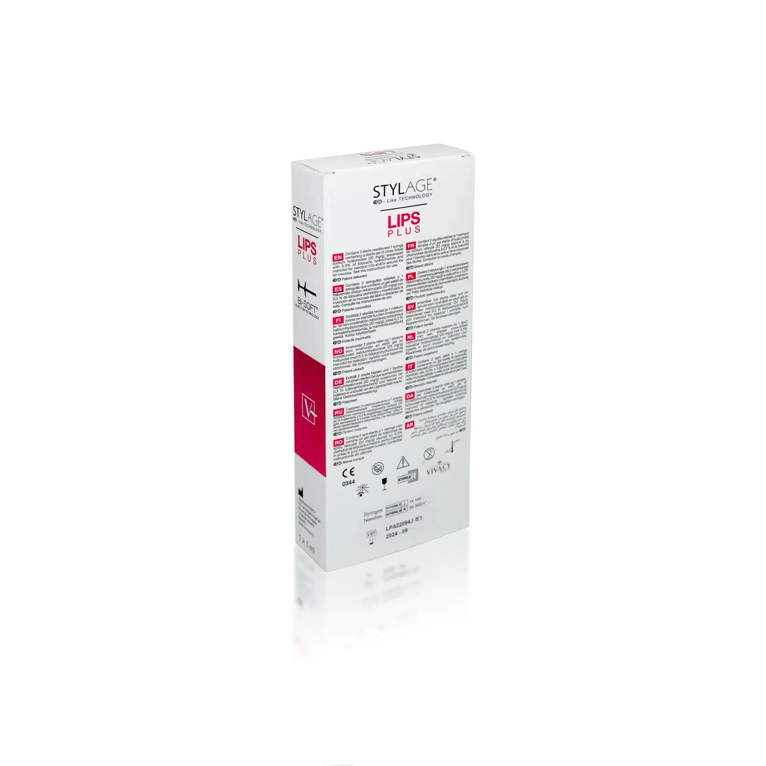 A box with the label "STYLAGE® LIPS PLUS BI-SOFT® with Lidocaine" on a white background. The box