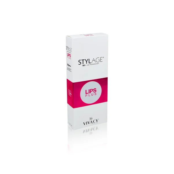 A rectangular white box with a pink band in the middle that says "STYLAGE® LIPS PLUS BI-SOFT® with Lidocaine" in white text. The top text reads "STYLAGE LIPS PLUS" and the bottom has the Vivacy logo. The box is standing upright on a white surface.