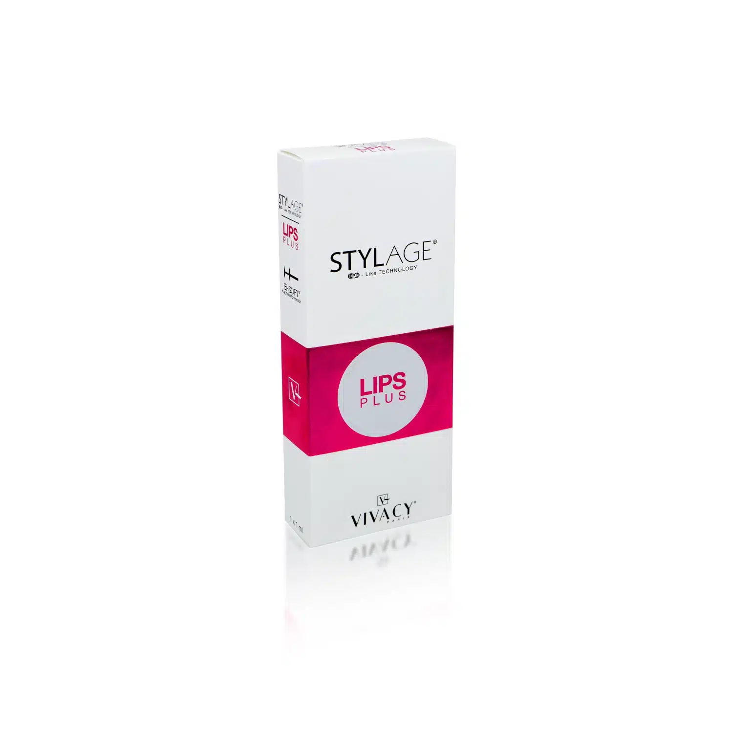 A rectangular white box with a pink band in the middle that says "STYLAGE® LIPS PLUS BI-SOFT® with Lidocaine" in white text. The top text reads "STYLAGE LIPS PLUS" and the bottom has the Vivacy logo. The box is standing upright on a white surface.
