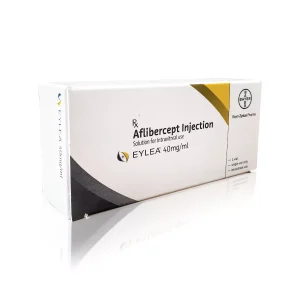 A white package labeled "EYLEA®" designed for intravitreal use. The box features the Bayer logo and branding. This medication is produced by Bayer Zydus Pharma. The box is photographed on a reflective surface.