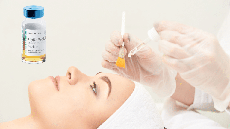 An individual undergoing a chemical peel treatment; the Biorepeel FND can treat facial and neck concerns.
