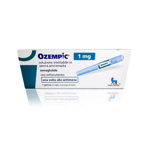 The image shows a box of OZEMPIC® 1mg (Italian), which is a solution for injection in a pre-filled pen. The box indicates it contains semaglutide for subcutaneous use, with the dosage of one pen per week for up to 4 doses. The brand logo of Novo Nordisk is also visible.