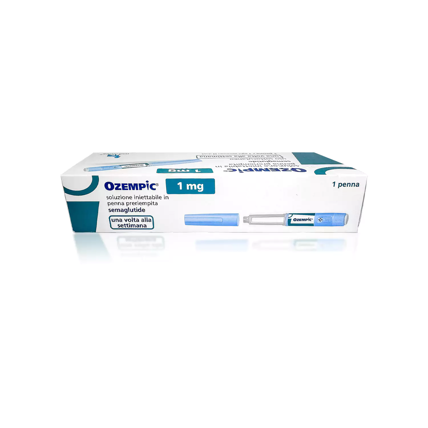 Image of an OZEMPIC® 1mg (Italian) injection pen boxed package. The box is white with teal and blue
