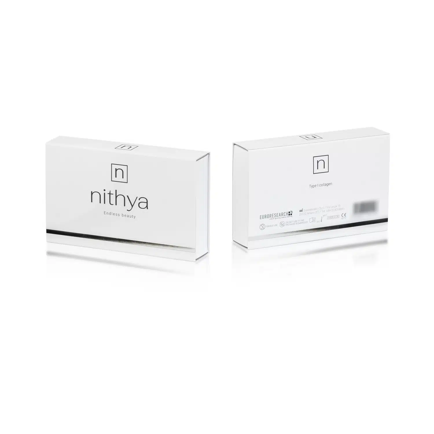 Two white rectangular boxes of NITHYA ENDLESS BEAUTY, a beauty product, are shown. The front of one