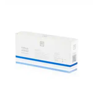 A white rectangular box with blue accents labeled "NITHYA SHIELD" and "Natural protection." The box features a minimalist design with a small letter "n" logo in the center. There is text detailing the product's usage and ingredients along the sides.