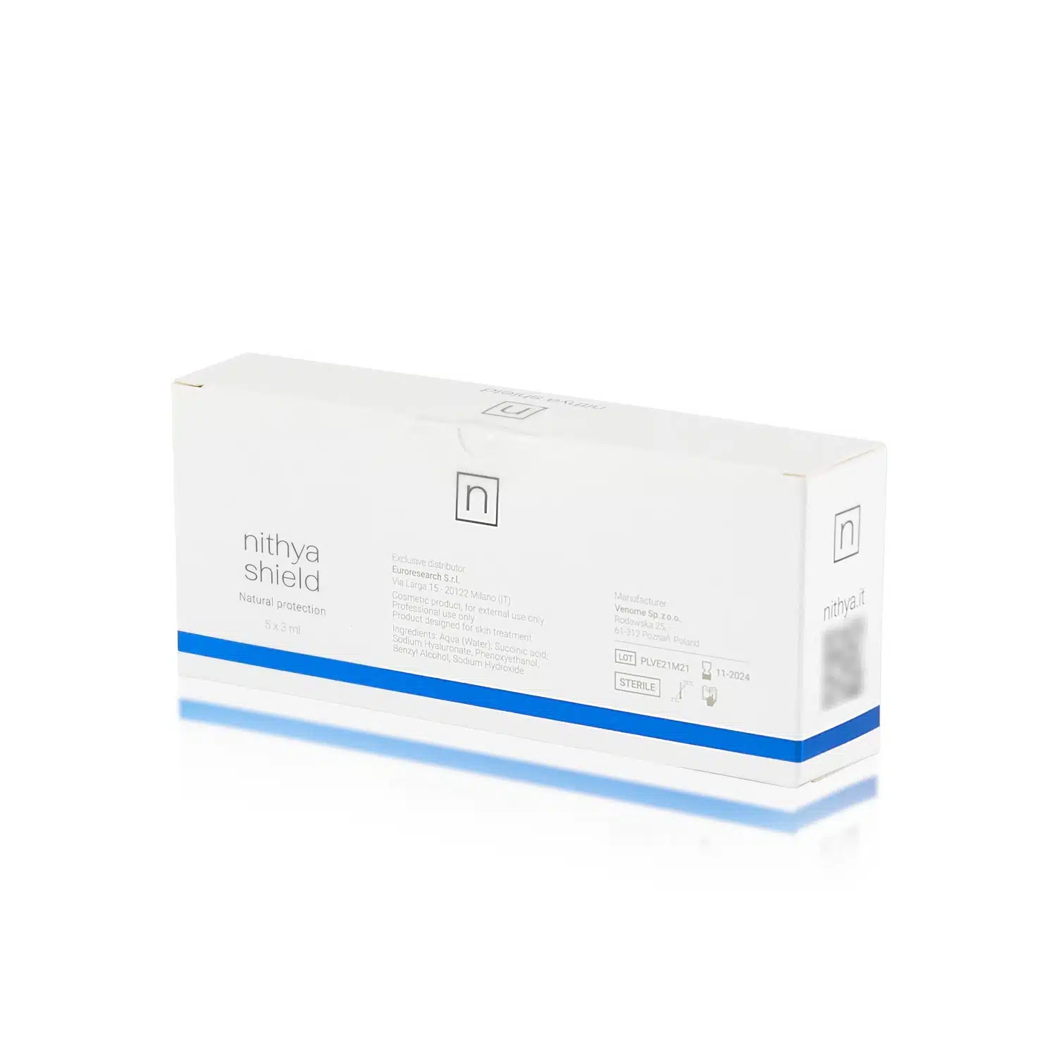 A white rectangular box with blue accents labeled "NITHYA SHIELD" and "Natural protection." The box