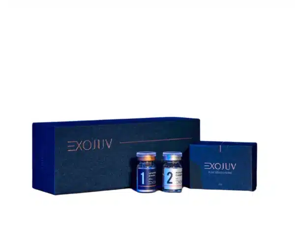 A blue rectangular box with "EXOJUV" written on it in pink capital letters is displayed alongside a small blue square box and two small capped vials labeled "1" and "2" with blue and white labels. The items are set against a white background.
