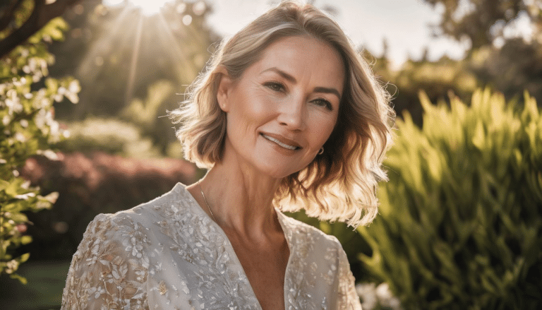 Elegant older woman with radiant skin in a garden, a testament to maintaining youthful skin appearance, potentially with Dermalax fillers