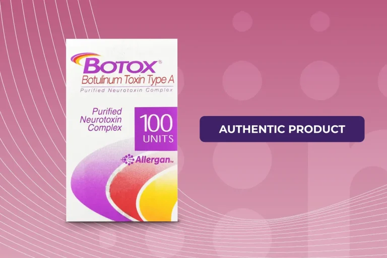 A box of Botox (Botulinum Toxin Type A) with "Purified Neurotoxin Complex" written on it. The box indicates it contains 100 units. The Allergan logo is present at the bottom. The background is gradient pink with circular and wavy patterns. Text reads "AUTHENTIC PRODUCT.