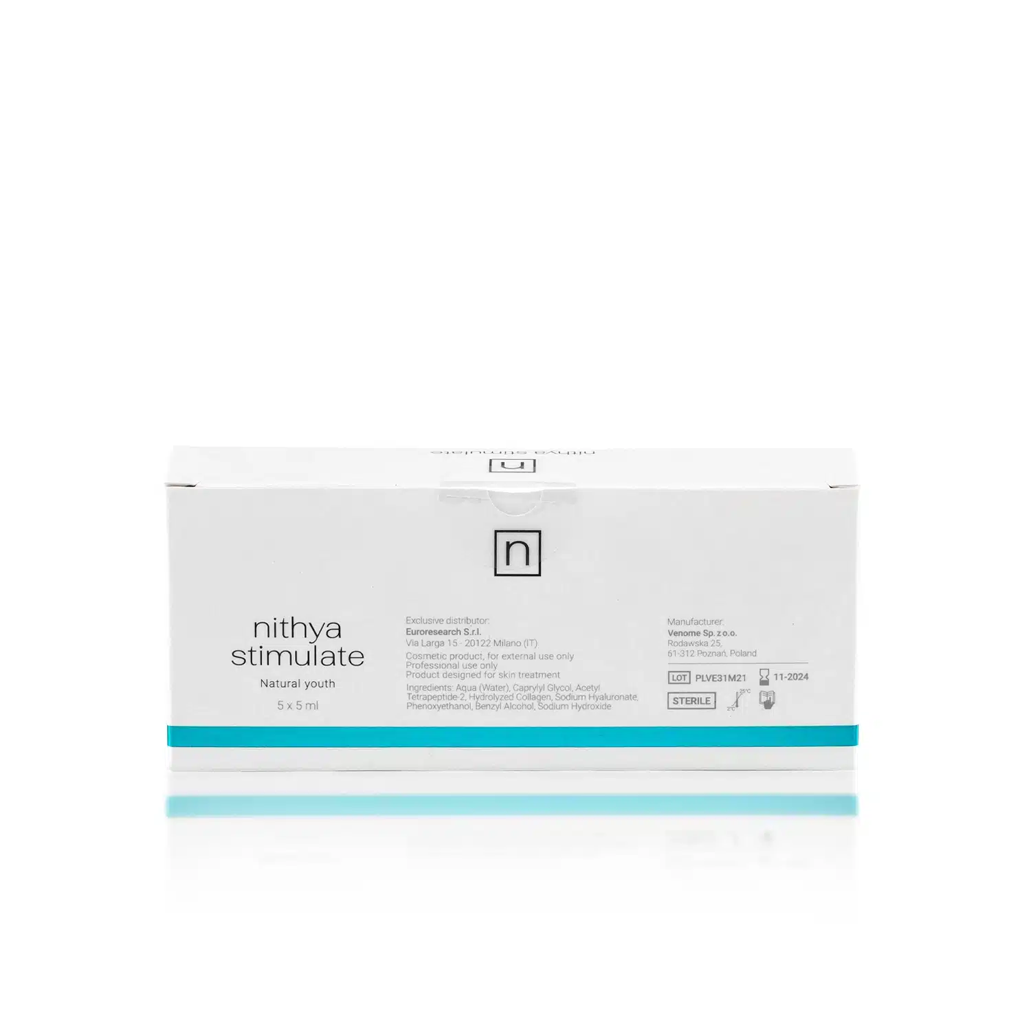 A white NITHYA STIMULATE box with "Natural Youth" written below the name. The box contains two