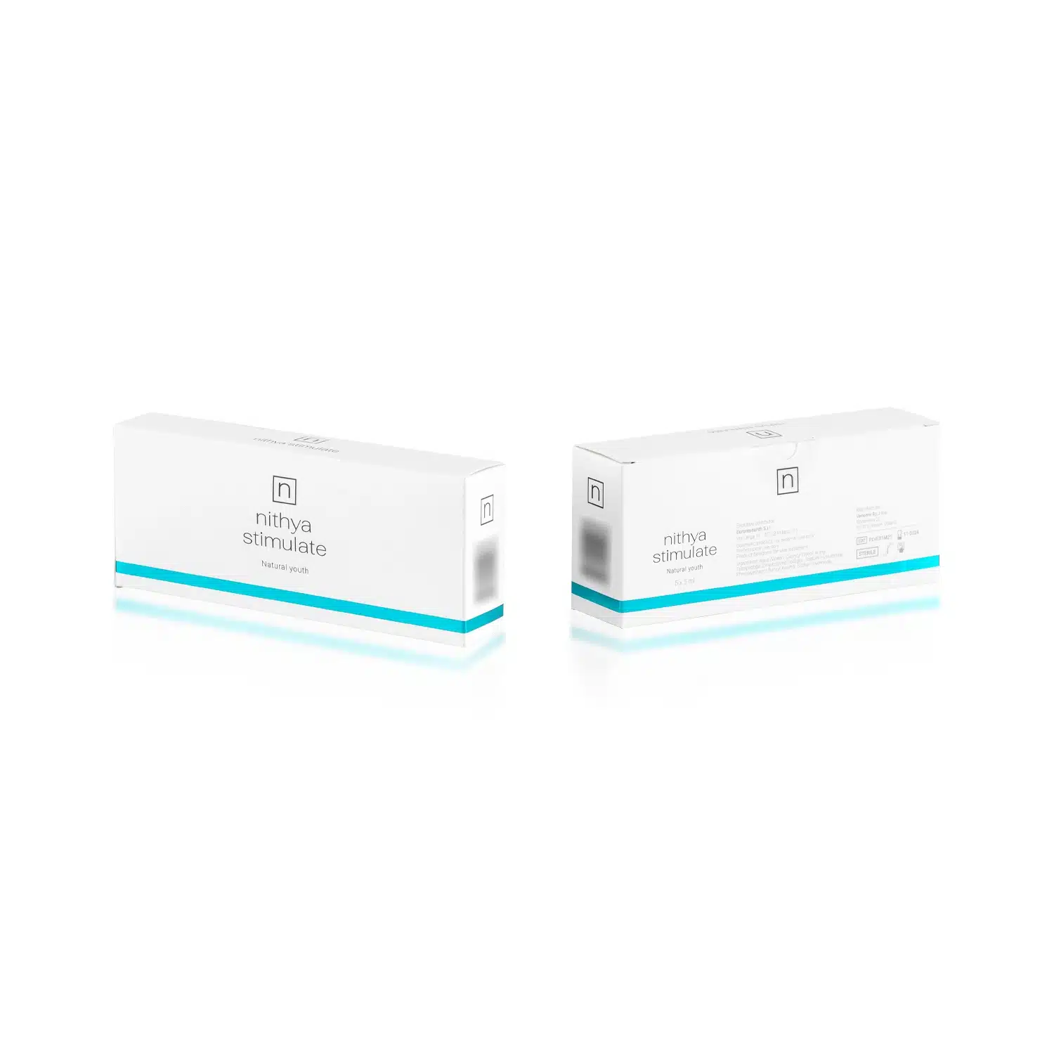 Image of two white and teal rectangular boxes of "NITHYA STIMULATE." The front box displays the
