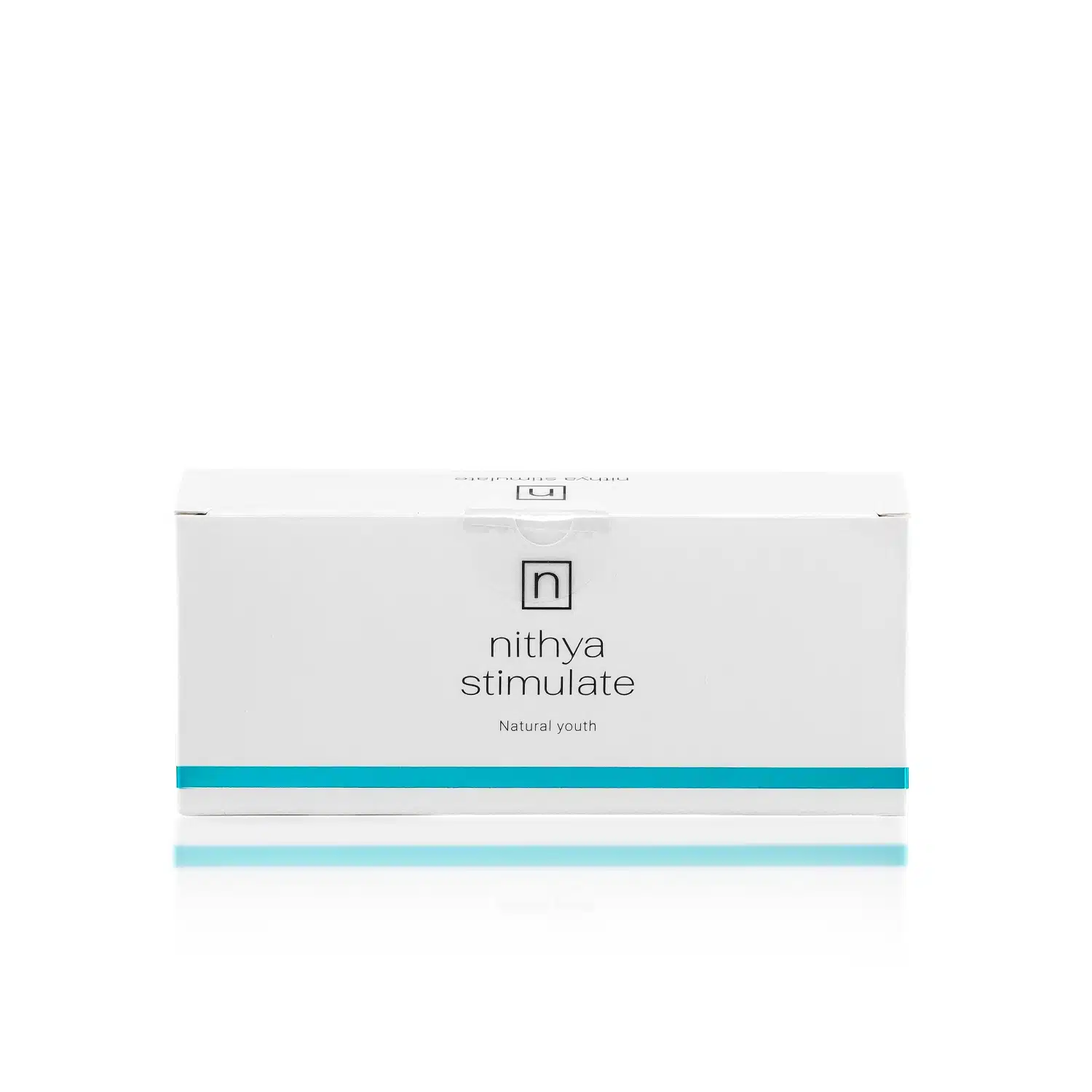 A white rectangular box with blue accents, labeled "NITHYA STIMULATE" followed by "Natural youth" beneath it. The box has a minimalist design with a logo featuring a small, stylized letter "n" at the top center.
