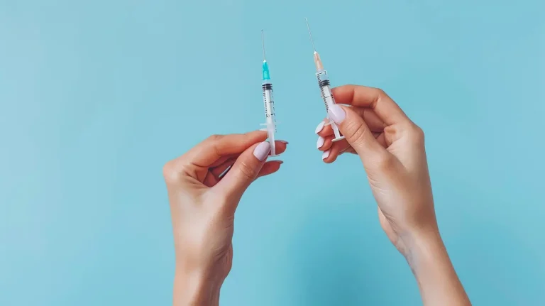 Two hands each hold a syringe against a blue background. The syringe on the left has a green and white cap, while the one on the right has an orange and white cap.