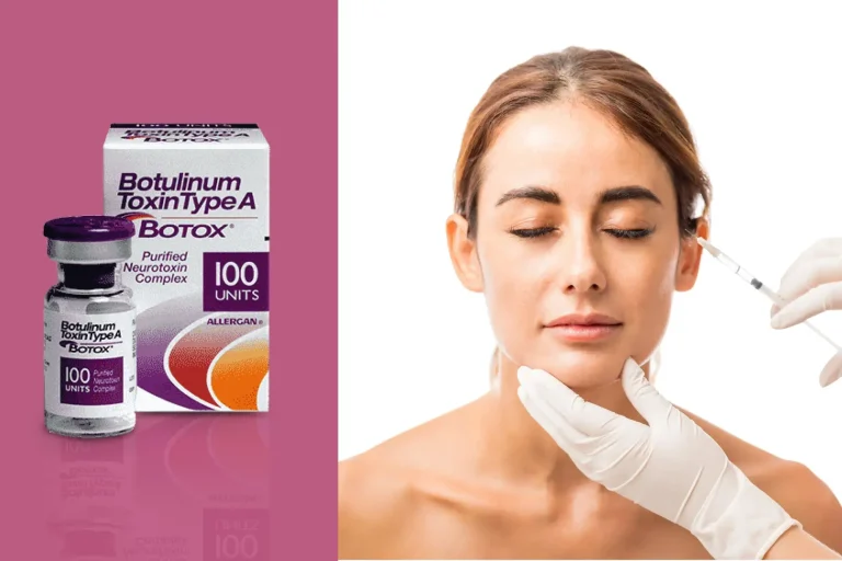 A woman with closed eyes receives a cosmetic injection in the face from a gloved practitioner. Next to her, there is packaging and a vial labeled "Botulinum Toxin Type A" with "100 units" indicated. The background is split between pink and white.