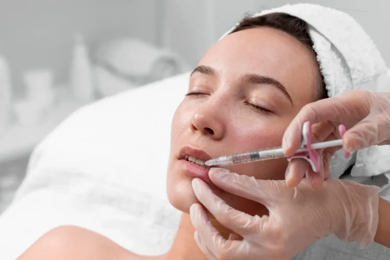 A person receiving hyaluronidase for dissolving filler. The individual is lying down with eyes closed, wearing a headband. The medical professional is using a syringe, wearing gloves, in a clinical setting.