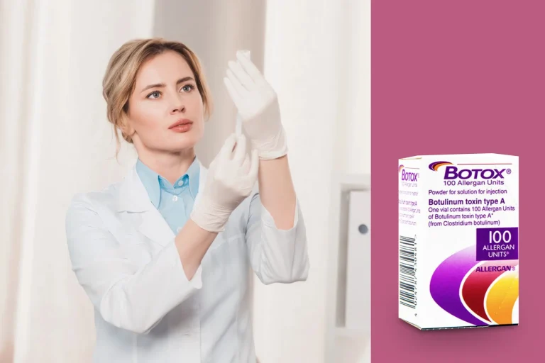 A woman in a white lab coat and gloves holds a small vial, appearing to examine its contents. Next to her is a box labeled "Botox 100 Allergan Units." The background is split, with the right side in a solid pink color.