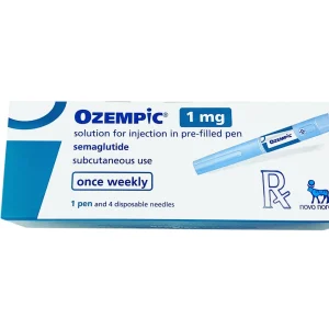 Image of an OZEMPIC® 1mg box with a 1 mg pre-filled pen for weekly subcutaneous injection. It contains 1 pen and 4 disposable needles. The brand logo and prescription symbol are visible.
