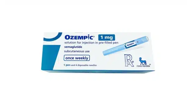 Image of an OZEMPIC® 1mg box with a 1 mg pre-filled pen for weekly subcutaneous injection. It contains 1 pen and 4 disposable needles. The brand logo and prescription symbol are visible.