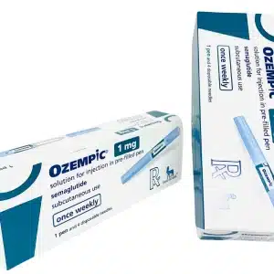 Two OZEMPIC® 1mg boxes are shown with blue and white packaging, labeled as a solution for injection in pre-filled pens. One box is upright, while the other lies down.