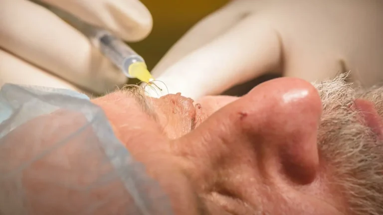 A close-up of a medical procedure showing a gloved hand holding a tool near an elderly man's eye. The man has a beard and is covered with a surgical drape. The focus is on the area around the eye.