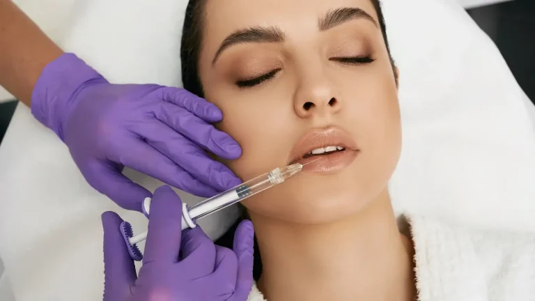 A person lying down with eyes closed, receiving a cosmetic injection in the lips from someone wearing purple gloves. The person is wearing a white garment and the setting appears clinical.